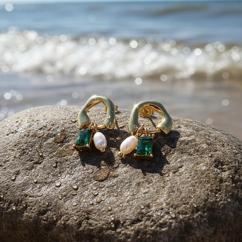 Gold Pearl and Emerald Drop Earrings