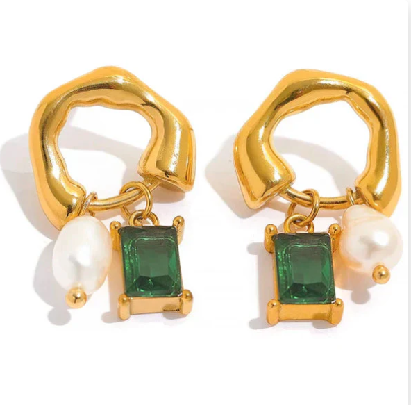Gold Pearl and Emerald Drop Earrings