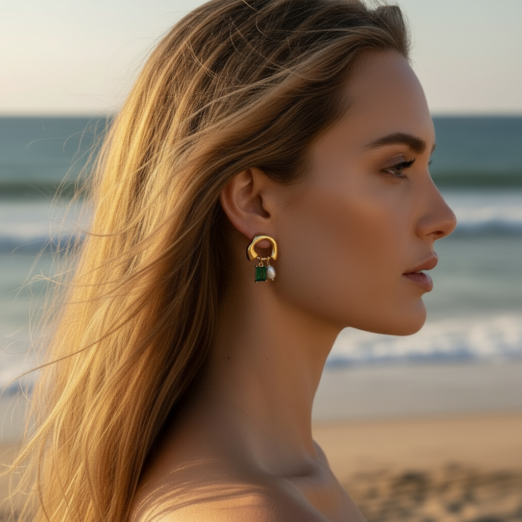 Gold Pearl and Emerald Drop Earrings