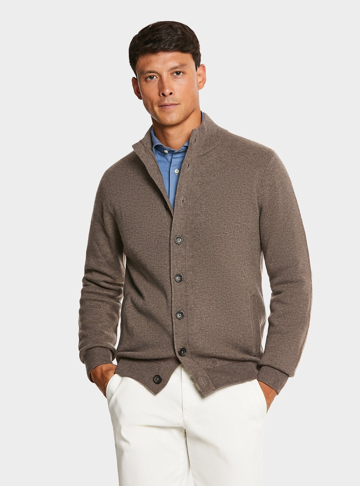Button-front cardigan in wool and cashmere