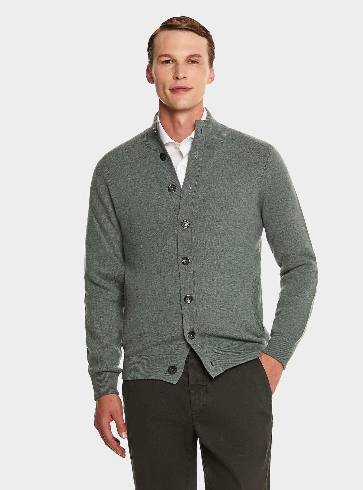 Button-front cardigan in wool and cashmere