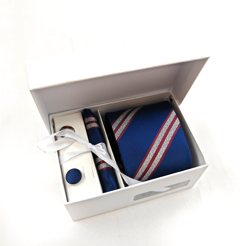 Blue and Red Silver Bold Stripe Tie & Cufflinks Set